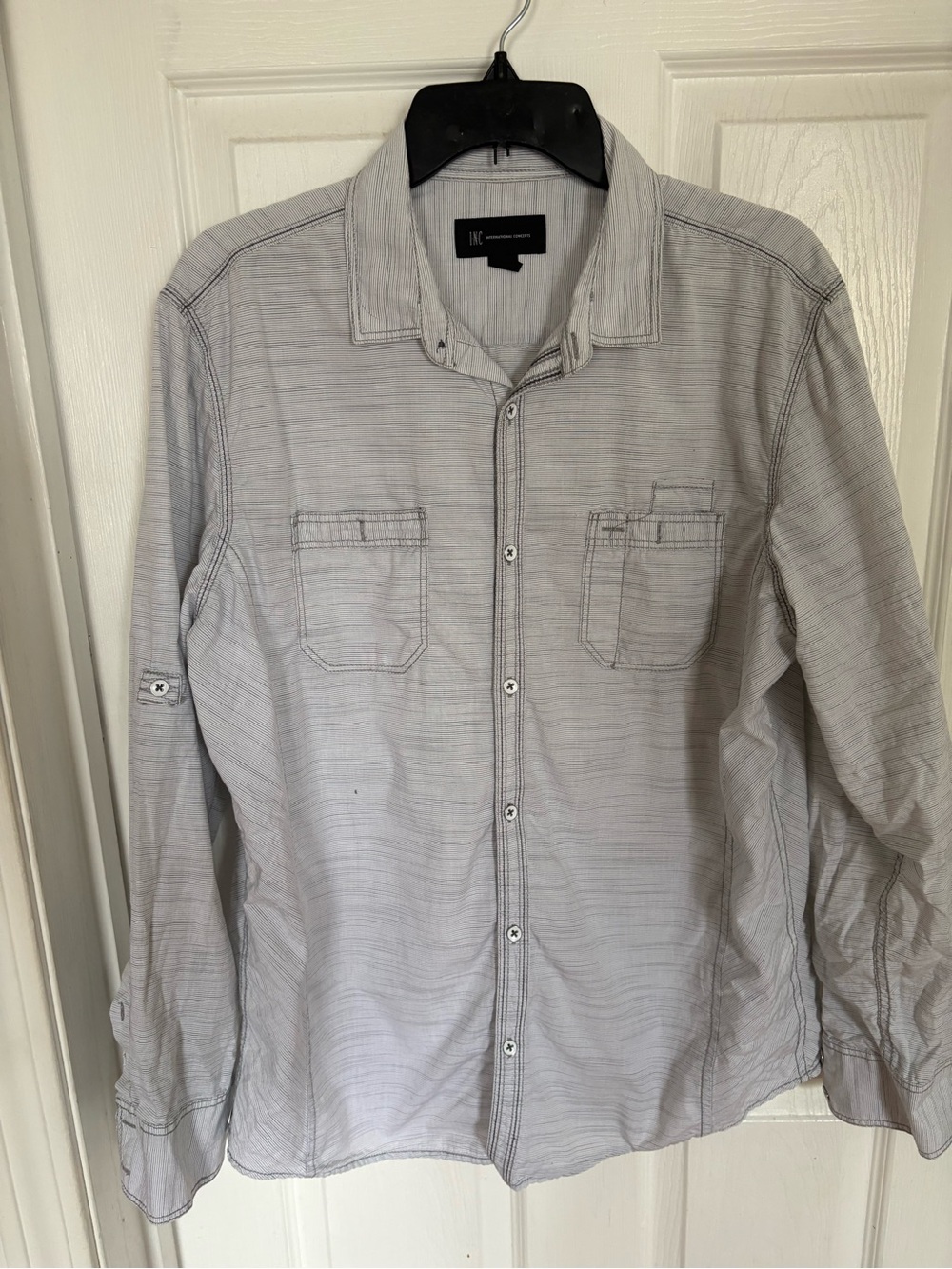 INC International Concepts Striped Collar Button-Up Shirt in White and Gray